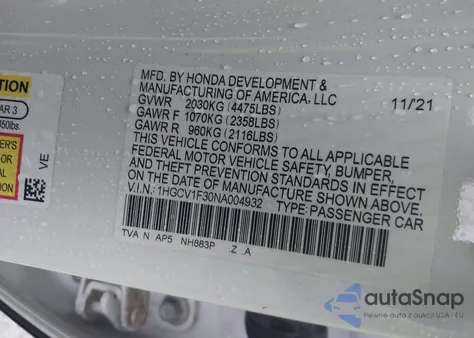 2022 Honda Accord Sport z USA, uszkodzony, nr VIN 1HGCV1F30NA004932